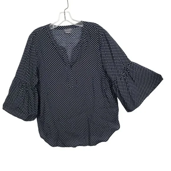 Van Heusen Womens XL Top Polka Dot Bell Sleeve Blouse Rayon Blend V Neck Blue - Picture 2 of 11